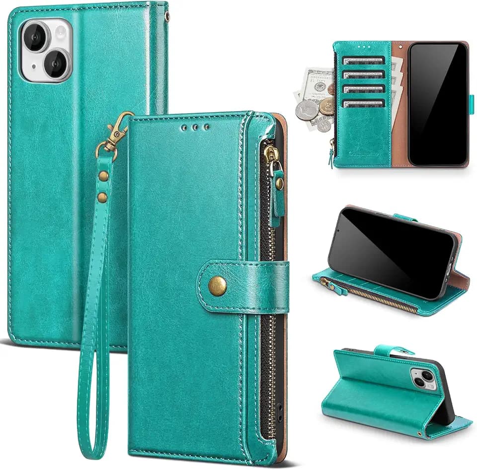 for iPhone 15 Plus Wallet Case with Card Holder,Blue Green