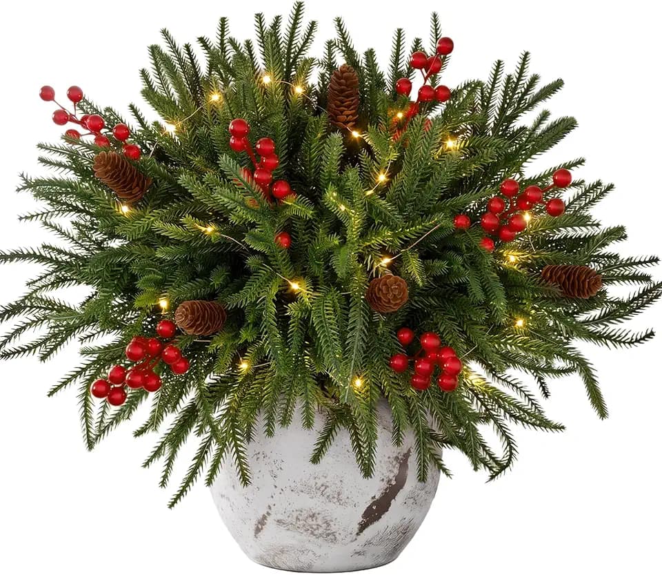 24 Piece Set: 12Pcs Norfolk Pine Branches with LED Lights, Red Berries