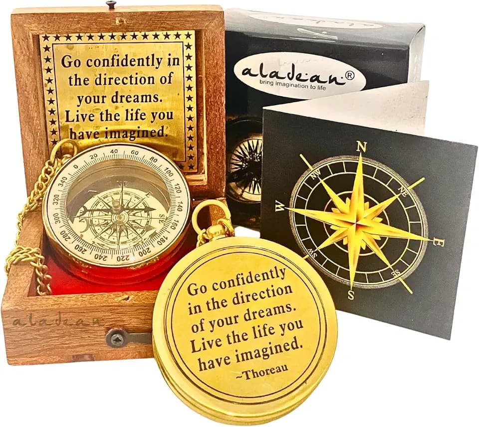 ALADEAN Brass Dream Navigator's COMPASS - Inspirational Graduation Gift, Encouragement Gift for Men, Son, Husband - Motivational, Christmas, Unique Office Decor - Greeting