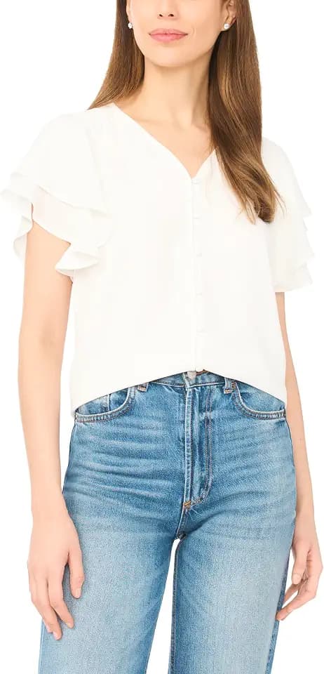 CeCe Double Flutter Sleeve Shirred Shoulder Top