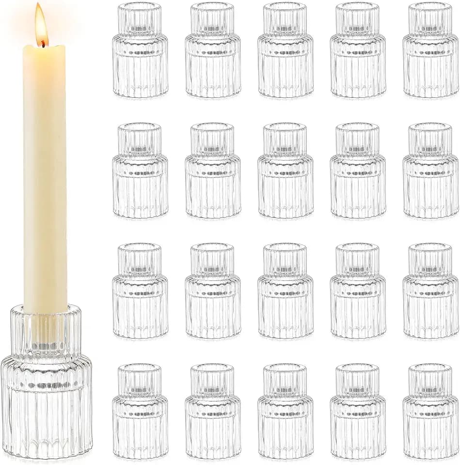 Romadedi Geriffeltes Glas Kerzenständer für Stabkerzen, 20er-Pack, Klar