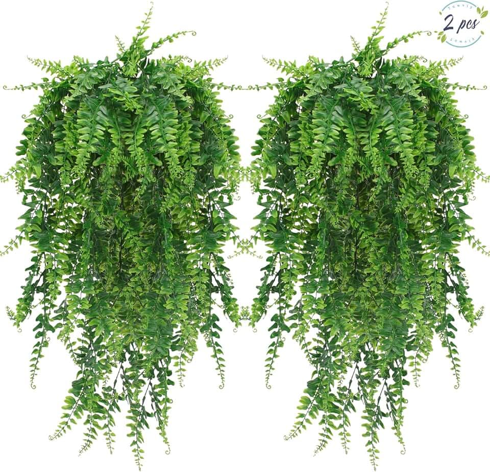 Künstliche Hängepflanze, 2 Stück Farn Kunstpflanze Hängend 80cm Hängende Pflanzen Fake Grünpflanze Künstliche Blattpflanzen Plastikpflanzen hängend für Wand Hochzeit Garten Büro Deko