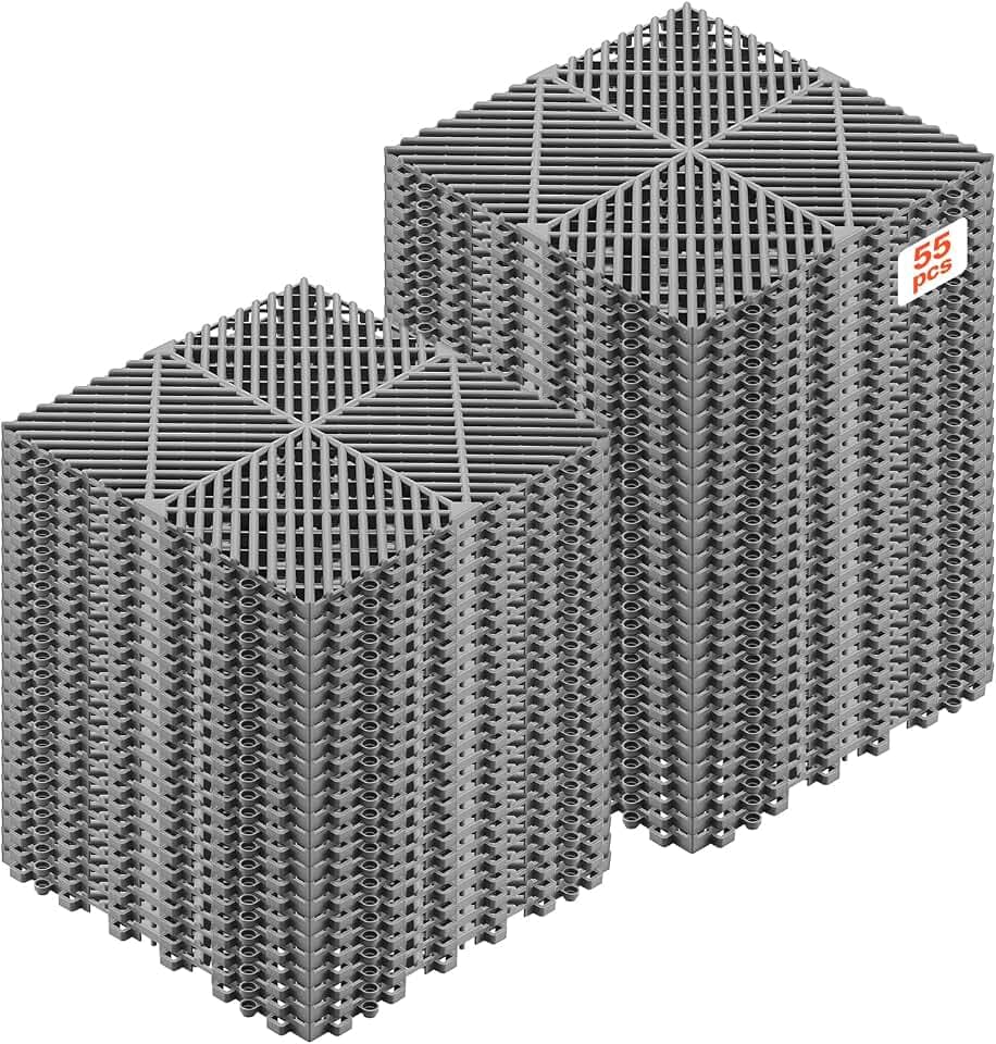 VEVOR Ineinandergreifende Drainagematten Set (55-tlg.) 31 x 31 cm, Garagenbodenfliesen Rutschfeste Klickfliesen aus PP, Modularer Garagenboden für Bad Küche Pool Außenbereich, Selbstentwässernd, Grau