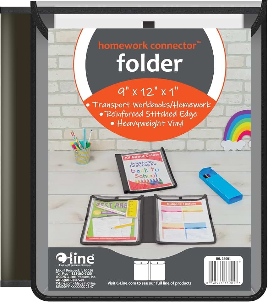 C-Line Homework Connector Folder, Black, 1/2 x 10 3/4 x 13 (33001)