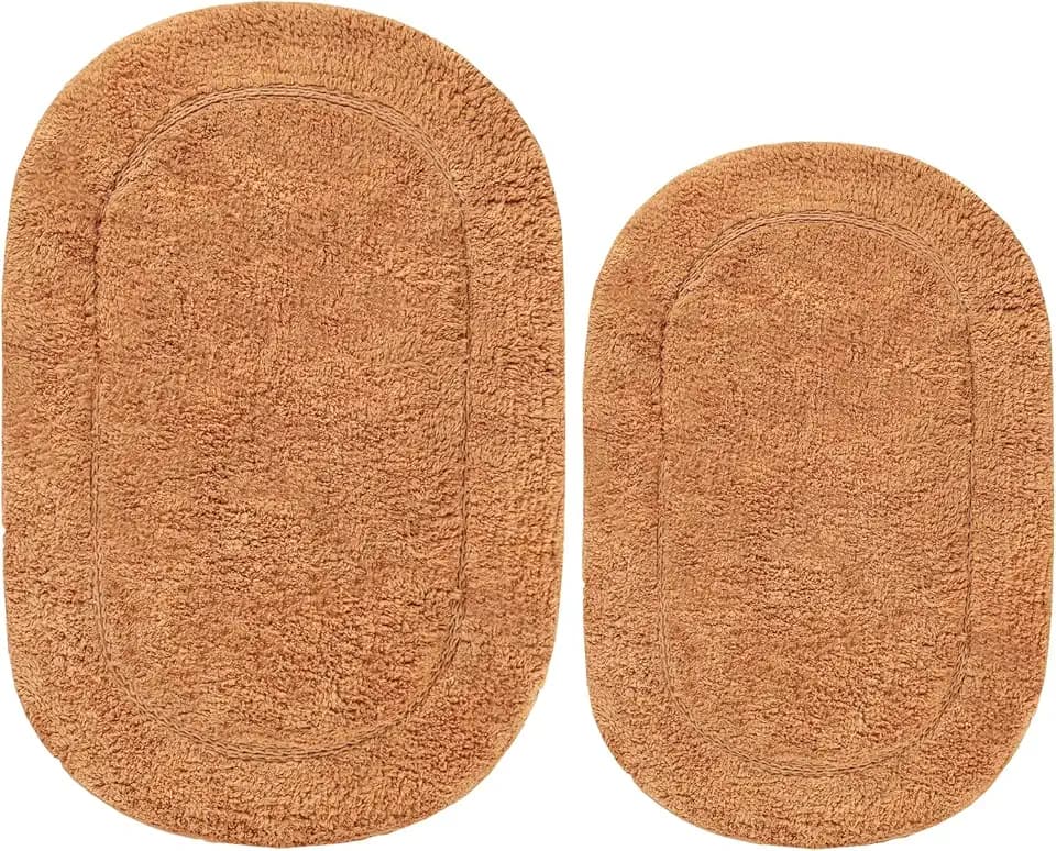Superior Non-Slip 2 Piece Bath Rug Set, Ultra Plush, Soft and Absorbent 100% Combed Cotton Pile - Traditional Oval Bath Mat Set, Rust