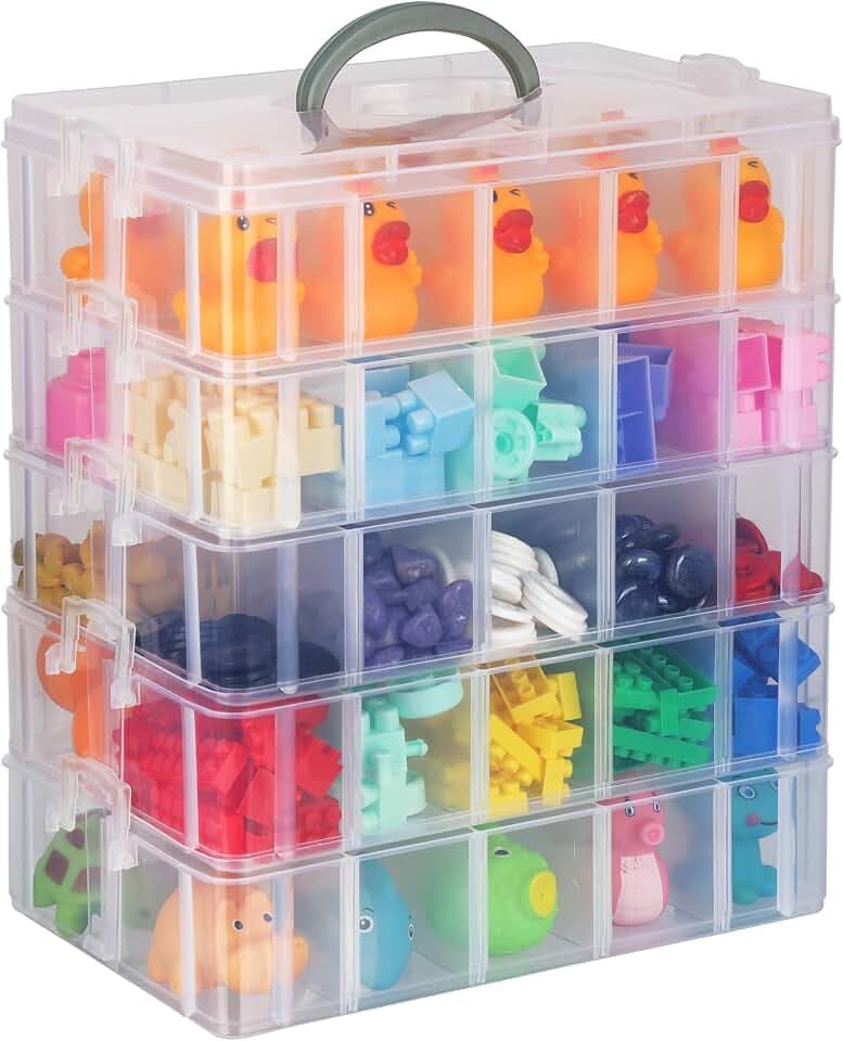 BELLE VOUS Transparente Aufbewahrungsbox mit 5 Ebenen, stapelbar, aus Kunststoff – verstellbare Fächer – maximal 50 Fächer – Kunststoffbox für Spielzeug, Schmuck, Perlen, Freizeit, Werkzeuge