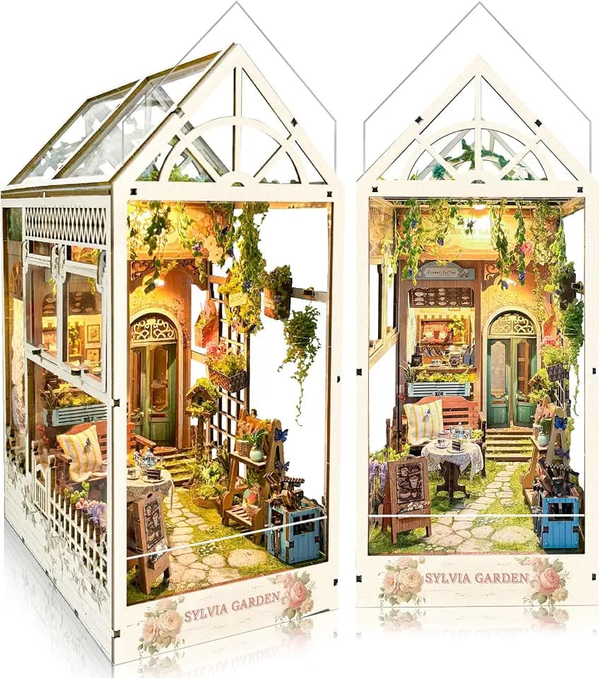 BELEEV Book Nook Kit, 3D Puzzle Miniatur Haus mit LED Licht, DIY Miniatur Puppenhaus Häuser Kit, Bücherregal Dekoration mit Einer Staubschutzhülle, Geschenk Mädchen Jugendliche Erwachsene, Gartenhau