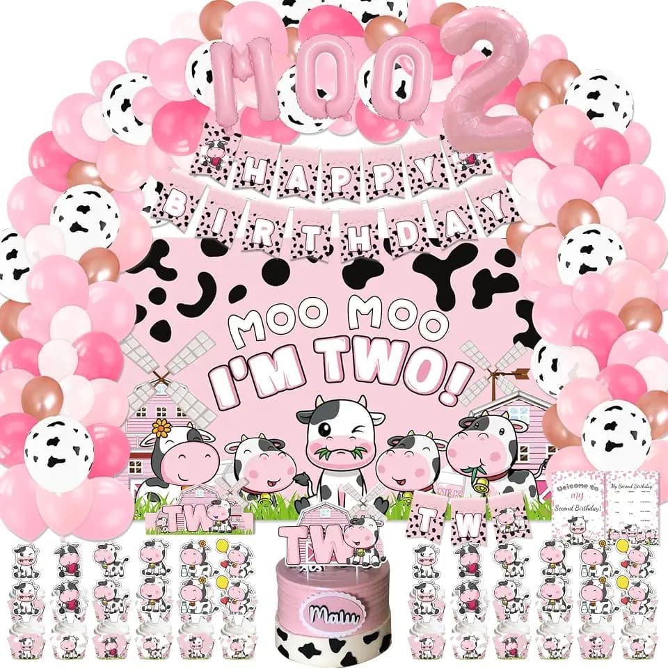 LXlucktim Cow Birthday Party Supplies for 2 Year Old Girl, 166 Pcs Moo Moo im Two Pink Cow Print Party Decorations for Girls Baby - Backdrop, Cupcakes Wrappers, Balloons, Banner, Crown, Poster