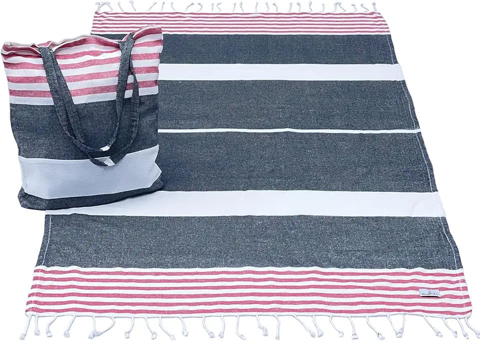 Turkish Beach Towel And Tote Bag - Beach Bag Tote And Turkish Towel Set. Travel, Picnic Blanket, Yoga. Women or Men.