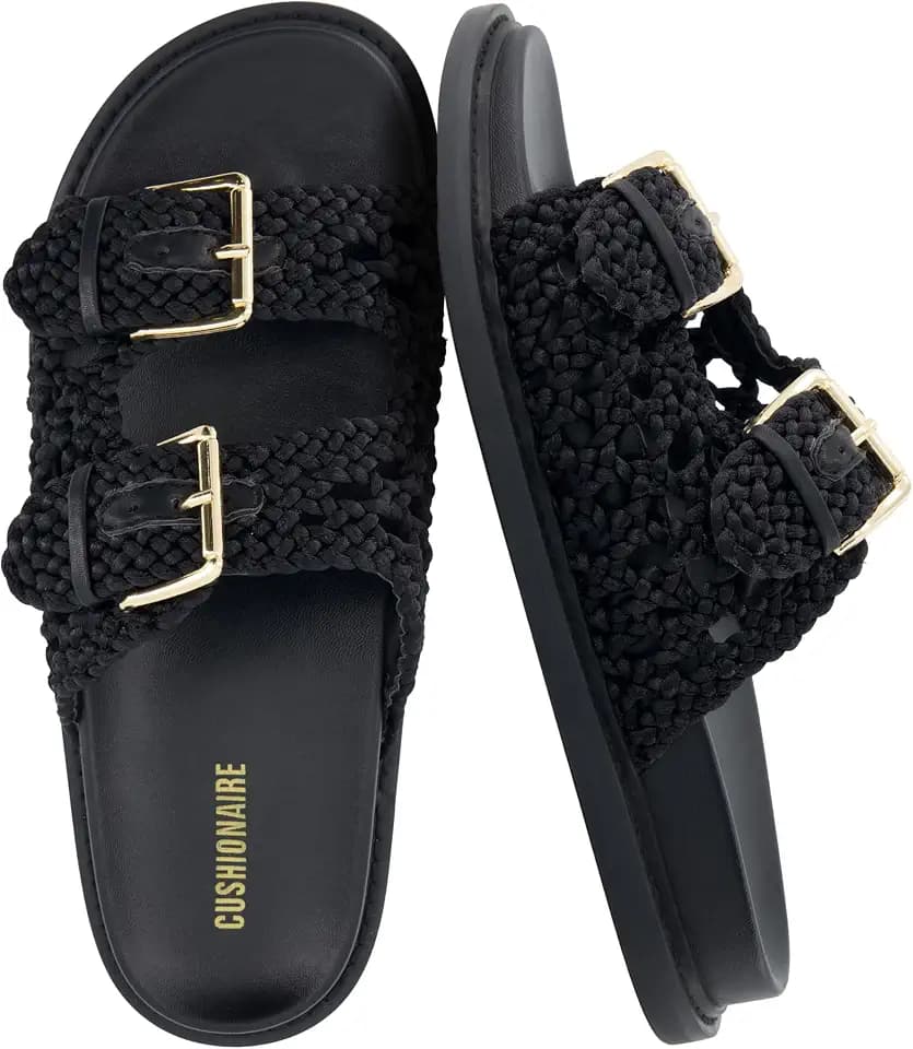 CUSHIONAIRE Weaver Summer Sandals for Women - Shiny Raffia Woven Slip On Womens Slides with Adjustable Buckle