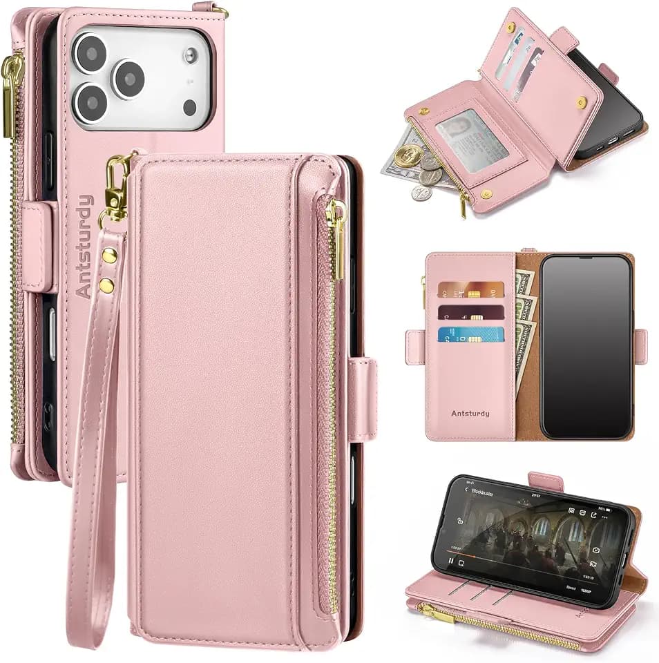 Antsturdy for iPhone 17 Pro Phone Wallet Case Women,Rose Gold