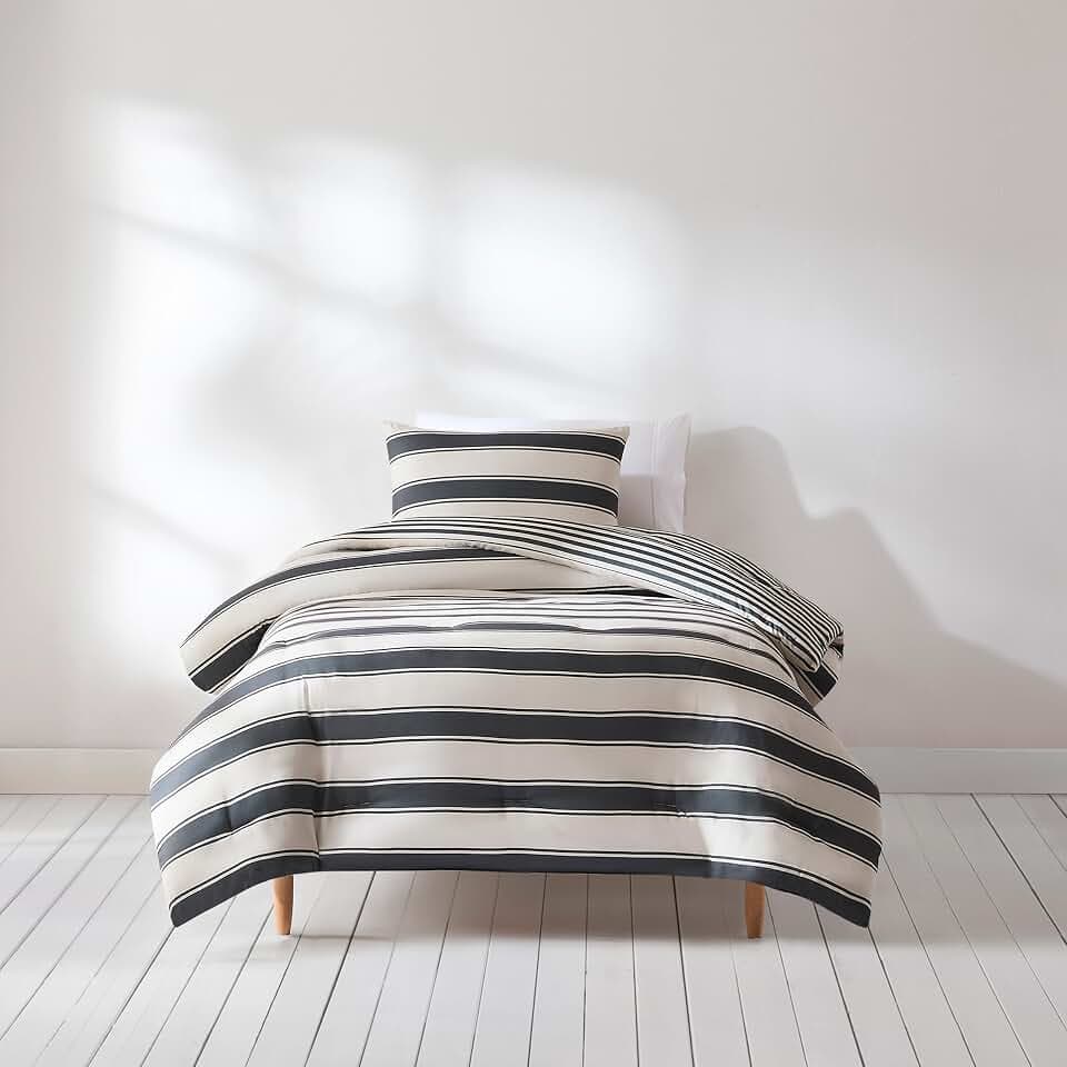 Lush Decor Gale Cabana Stripe? Reversible Comforter 2 Piece Set Twin/Twin XL Neutral & Gray - Striped Bedding Set - Kids Gray Comforter - Coastal Dorm Decor