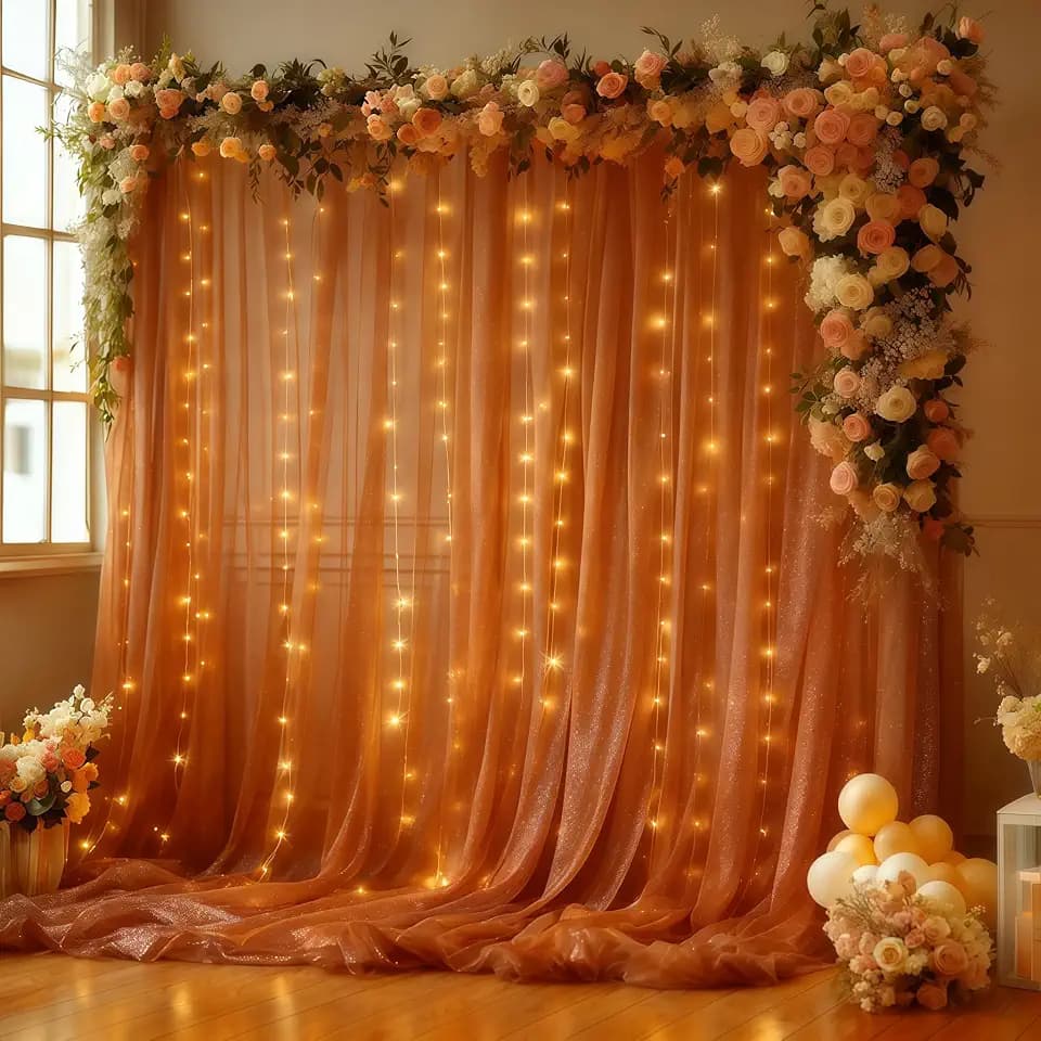 10x10FT Terracotta Wrinkle Free Backdrop Curtains with Lights String for Parties - Photo Curtain Backdrop with Lights for Wedding Decorations, Bridal Baby Shower Birthday Party Photography Background