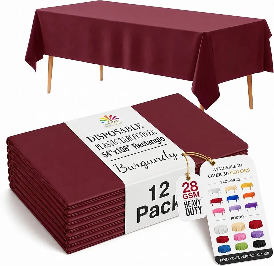 Exquisite Burgundy Plastic Table Cloth Disposable 12 Pack, 54 x 108 Inch