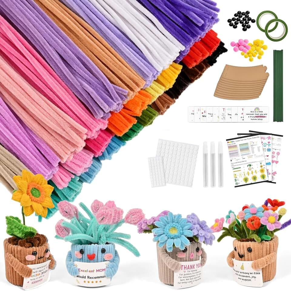 POMBUDS 1200 PCS Pipe Cleaners Crafts kit, 30 Assorted Colors, with 8 Different Accessories, Chenille Stems, Fuzzy Sticks, DIY Art Supplies for Kids, Classroom Projects & Decorations, Potted Plants