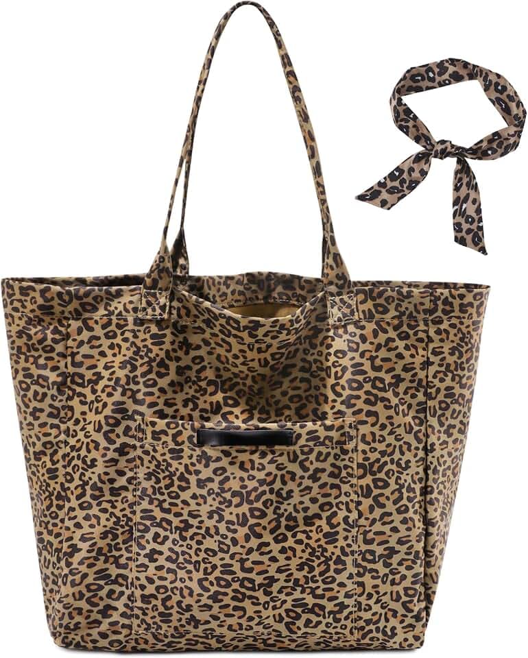 Große Strandtasche Damen, Leo Tasche aus Canvas, Leopardenmuster Shopper für Strand & Urlaub, XXL Sommertasche Handtasche, Stilvolle Tote Bag für Alltag & Shopping