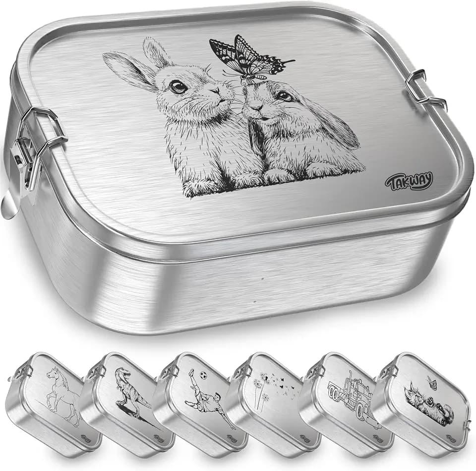 Edelstahl Brotdose mit Fächern 800ml – Auslaufsichere Lunchbox für Kinder & Erwachsene, Bento Box mit flexibler Unterteilung, für Kindergarten, Schule & unterwegs (Hase, Trennsteg)