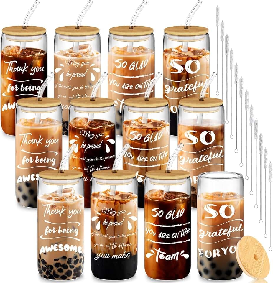 12 Set Employee Appreciation Gift, Inspirational Thank You for Women Best Friends, Teacher, Nurse, Boss, Staff - Farewell for Coworkers, 20oz Glass Cups With Lids and Straws (Mixed)