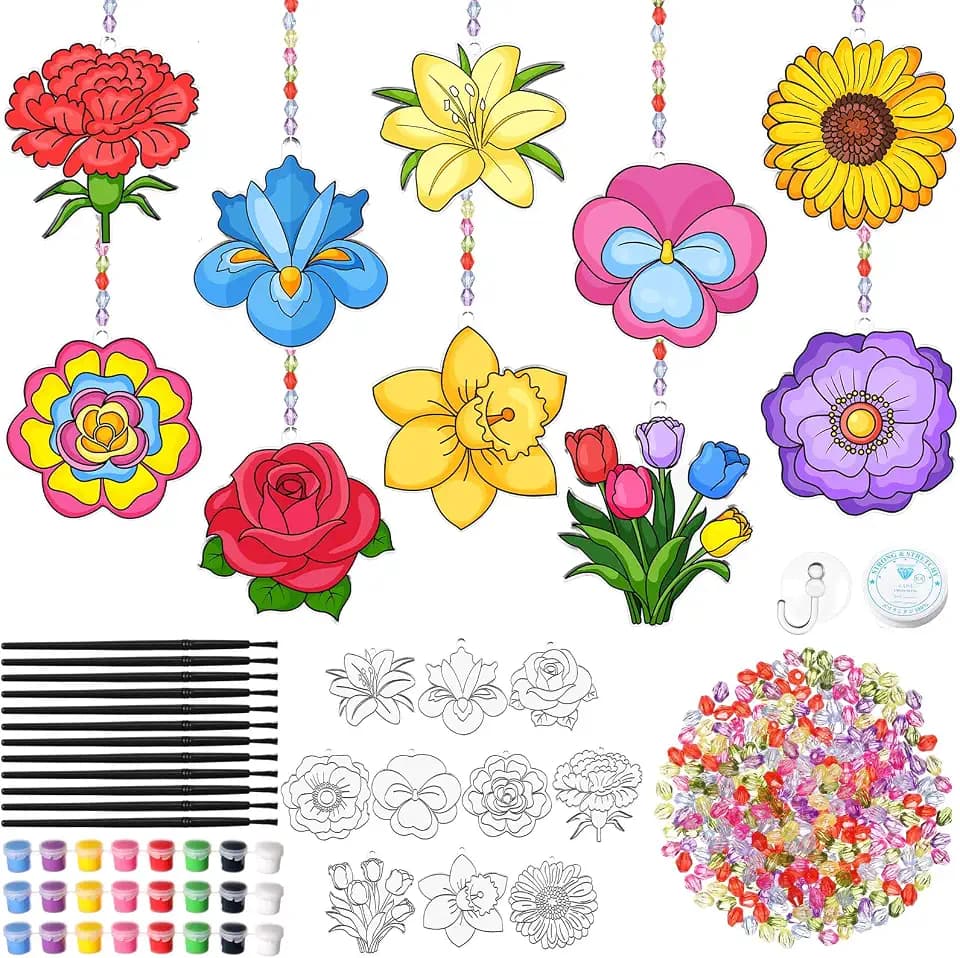 Dunzoom 30 Set Flower Suncatcher Kit Spring DIY Paint Craft Sun Catcher