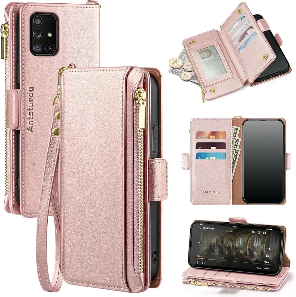Antsturdy Compatible with Samsung Galaxy A71 5G Case Wallet with Card Holder Women Men,PU Leather Phone Case RFID Blocking Flip Folio Protective Cover Wrist Strap Zipper Credit Card Slots,Rose Gold