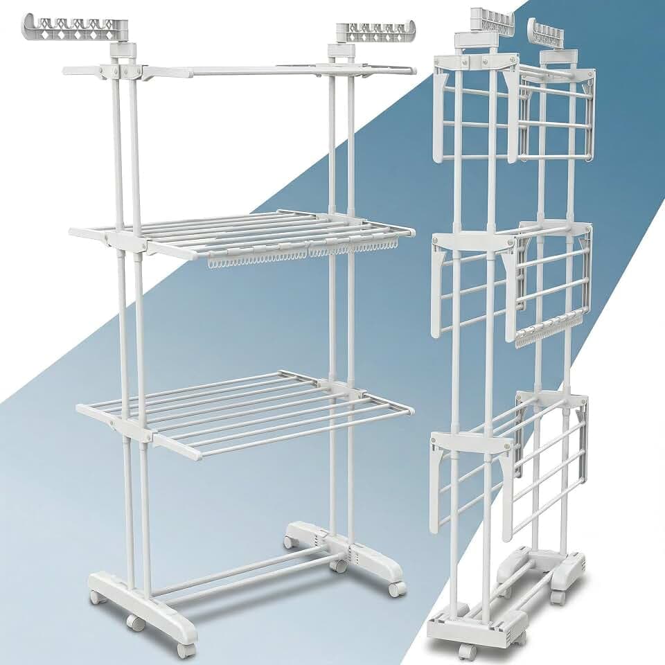 PORTENTUM Wäscheständer Turm klappbar mit 4 Ebenen und 24 Trockenstangen – Bis 40 kg – Wäschetrockner Ständer mit 2 Sockenhaltern – Für Innen- und Außenbereich – Rollen mit Feststellbremse