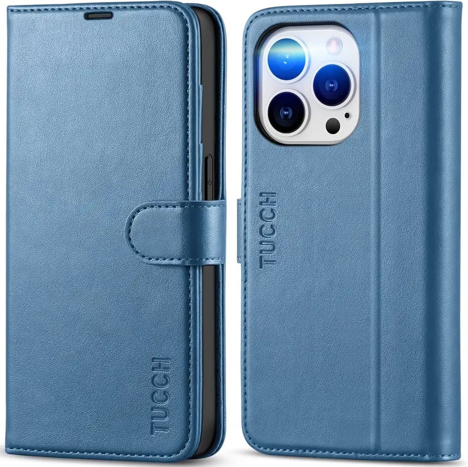 TUCCH Case Wallet for iPhone 14 Pro (6.1"), RFID Blocking Folio, Light Blue