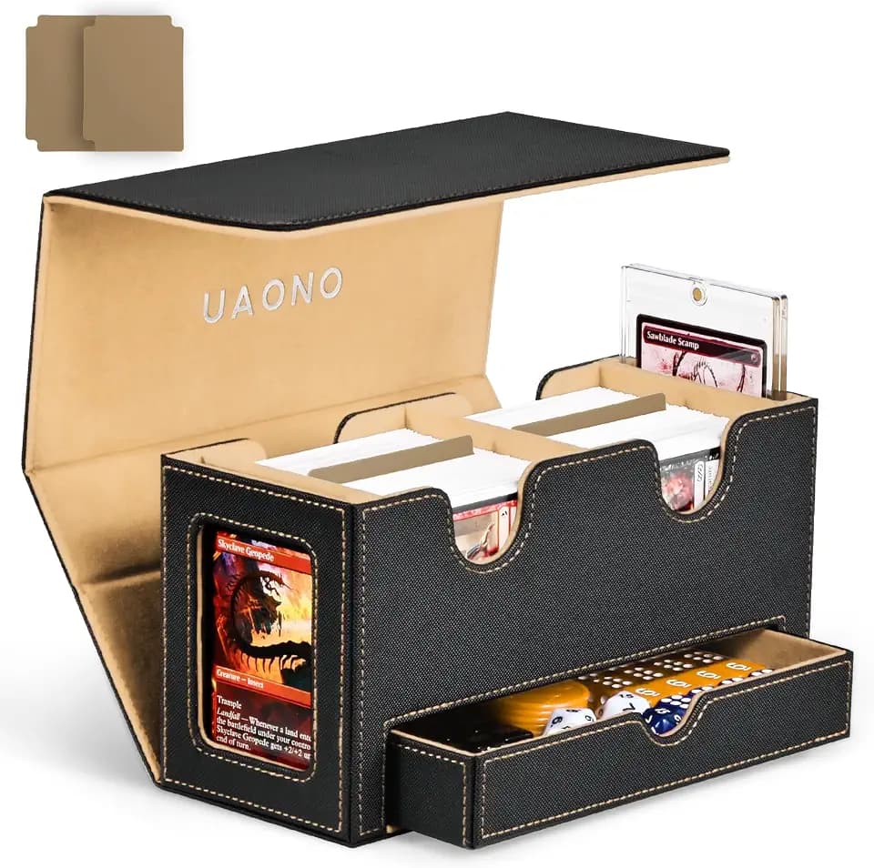 UAONO MTG Deck Box with 2 Commander Display and Dice Tray-Patented Design, Double Deck Box for 280+ Single Sleeved Cards, Leather Magnetic Card Storage Box Fits for TCG CCG Magic Cards (Black&Khaki)