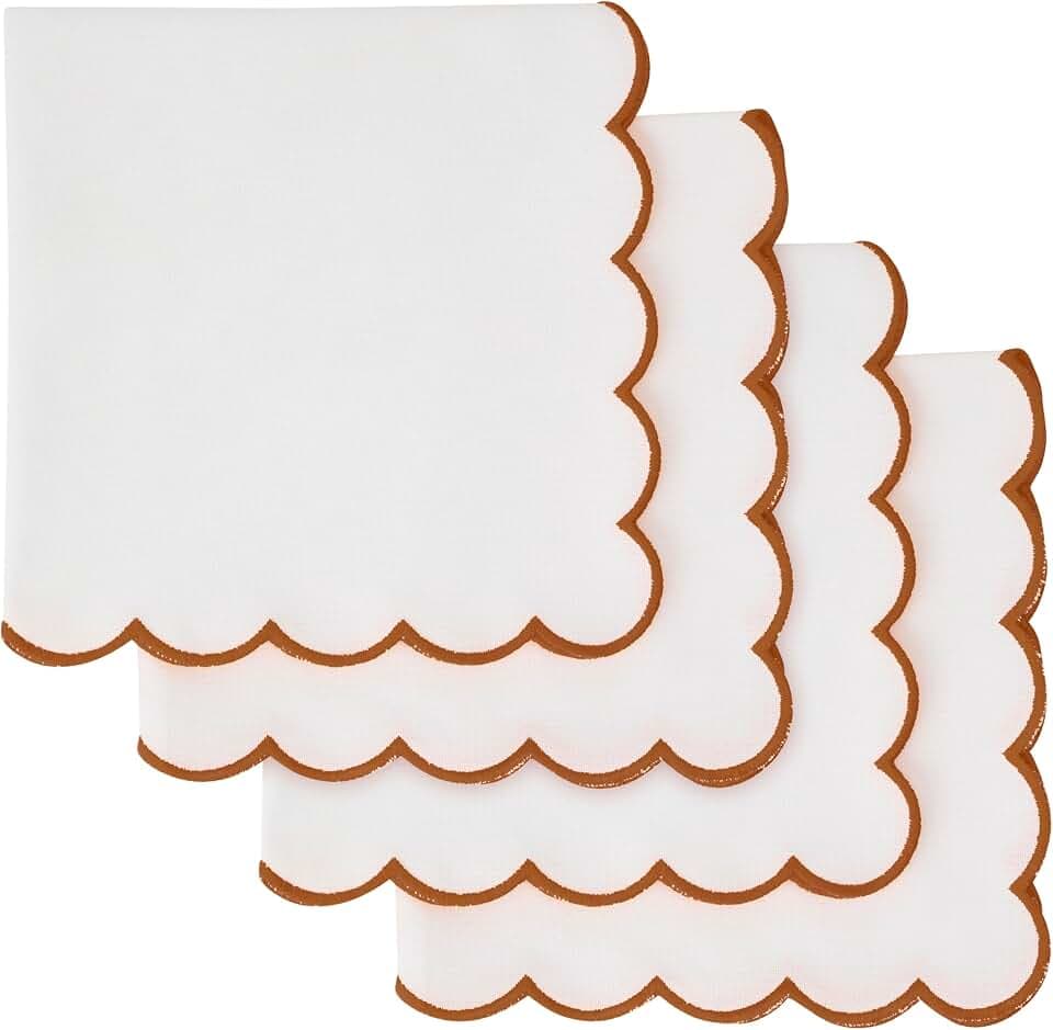 Blue Needles Cotton Scalloped Embroidery Cloth Napkins 17X17Inch - Set of 4