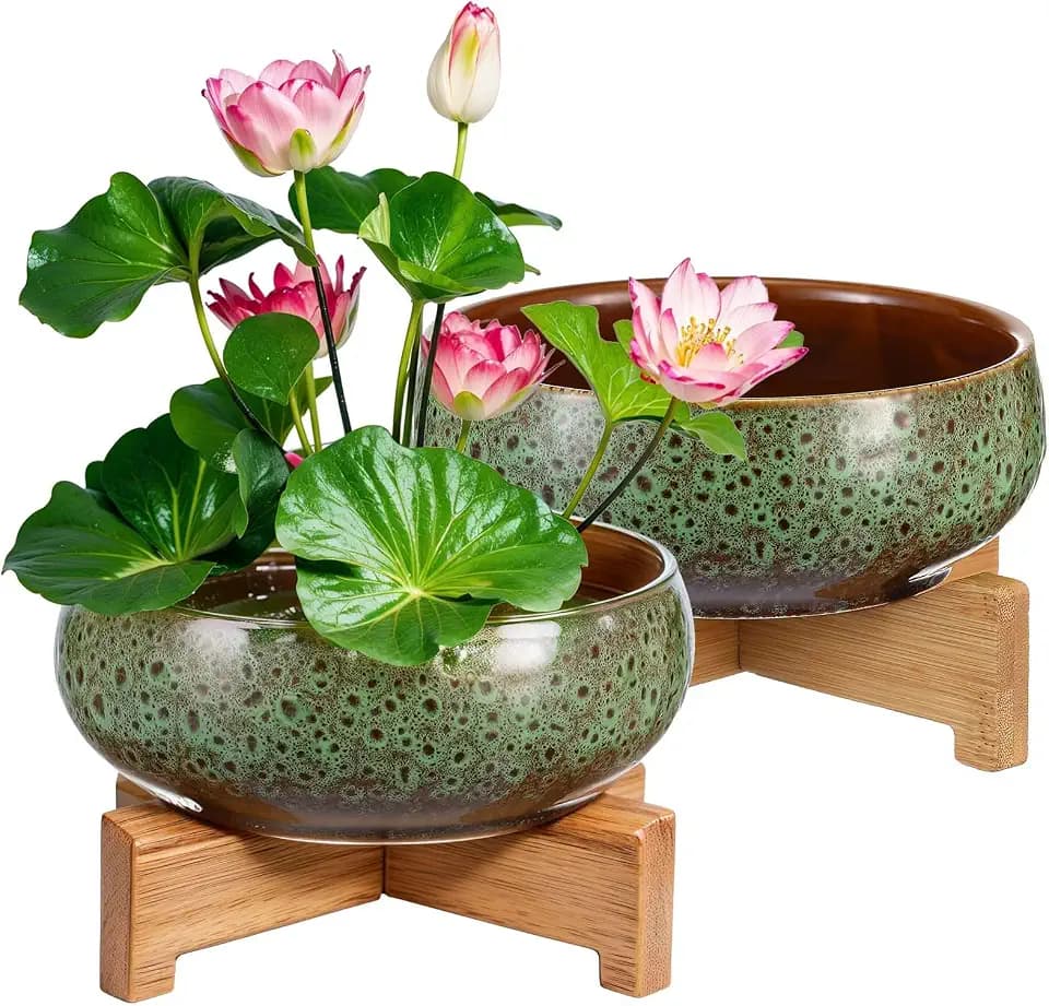 Baderke 2 Pcs Lotus Bowl Planter with Base for Planting in Water, Green