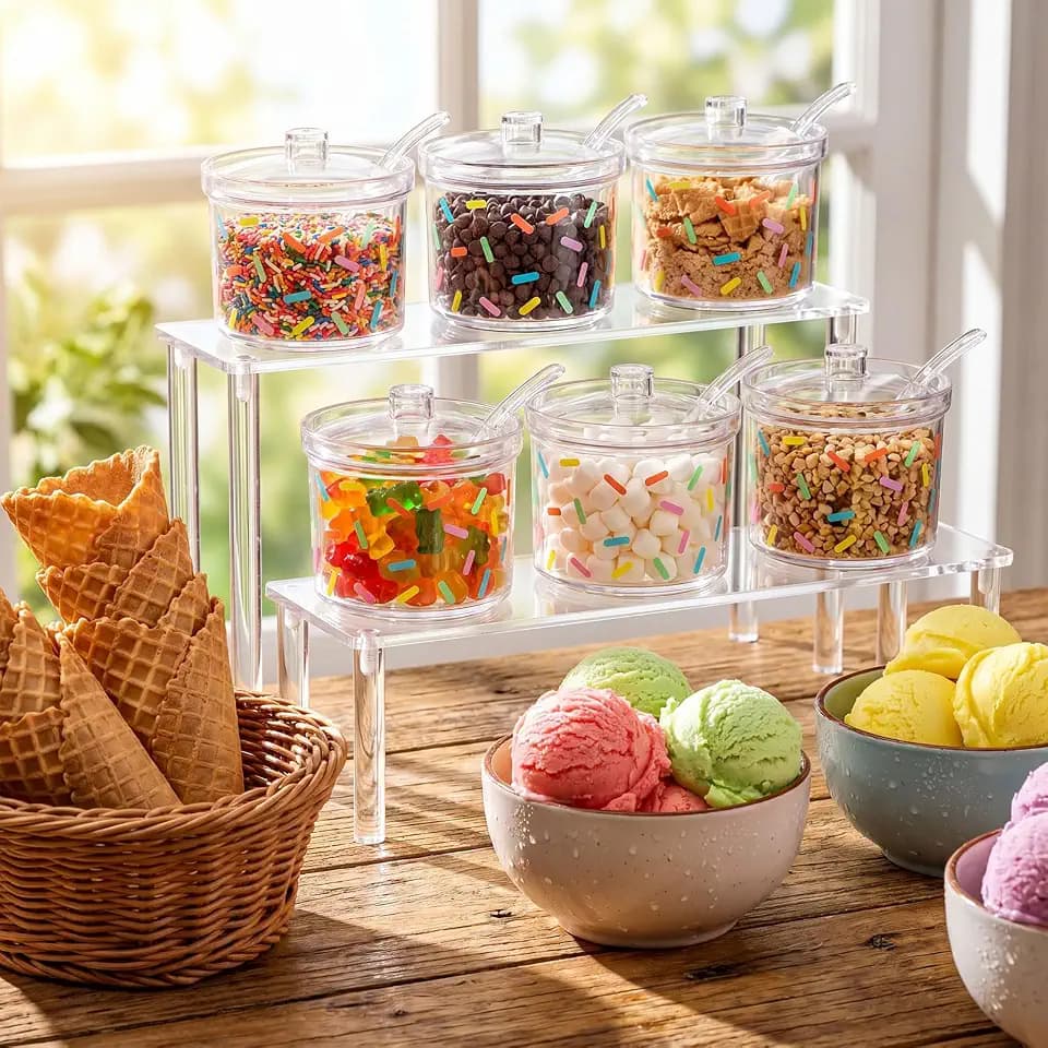 Domensi 6 Pcs Ice Cream Toppings Bar Kit Acrylic Ice Cream Topping Containers Clear Seasoning Box Spice Bowls with Lid and Spoon for IceCream Bar Supplies Chocolate Chips Fruits Storage Containers