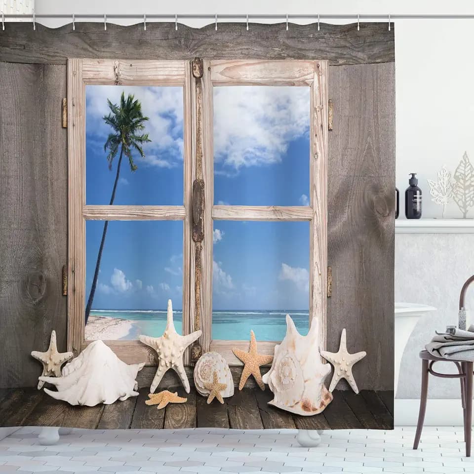 ABAKUHAUS Strand Duschvorhang, Muscheln Seestern Palms, Stoffliches Gewebe Badezimmerdekorationsset mit Haken, 175 x 180 cm, Hellbraun Himmelblau