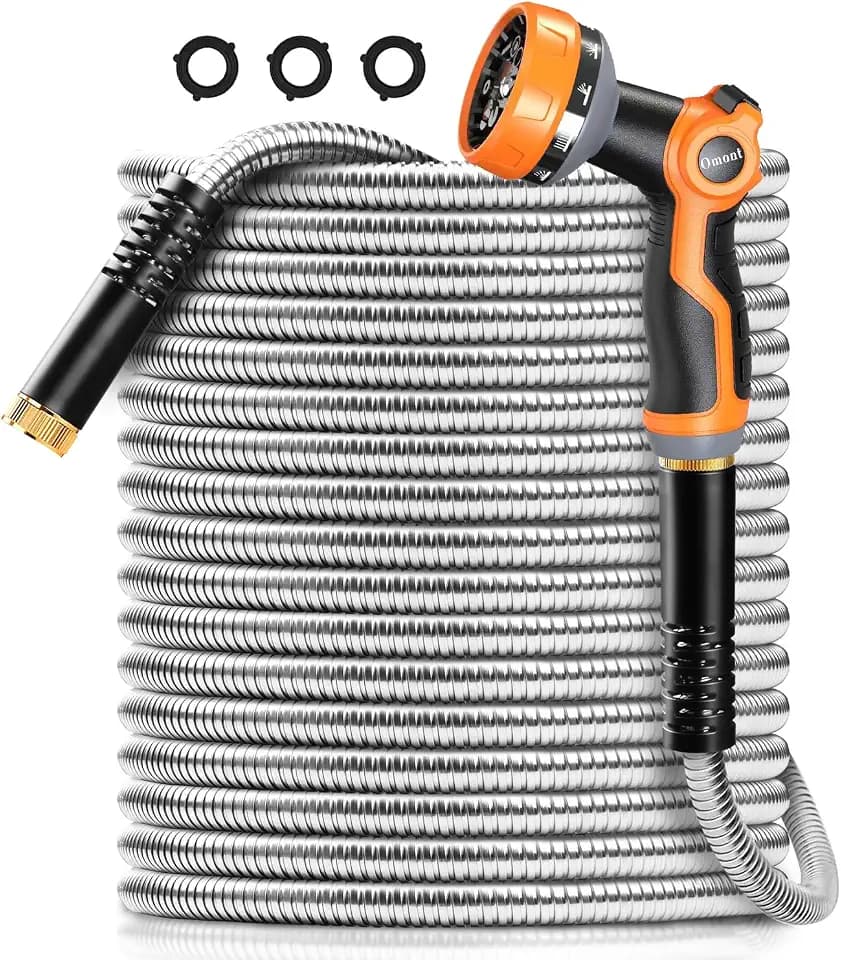 Omont Metal Garden Hose 50FT, Heavy Duty 304 Stainless Steel Water Hoses with Nozzle, Flexible Garden Hose, Lightweight, Rust Proof, No-Kink & Tangle for Yard, Outdoor, RV
