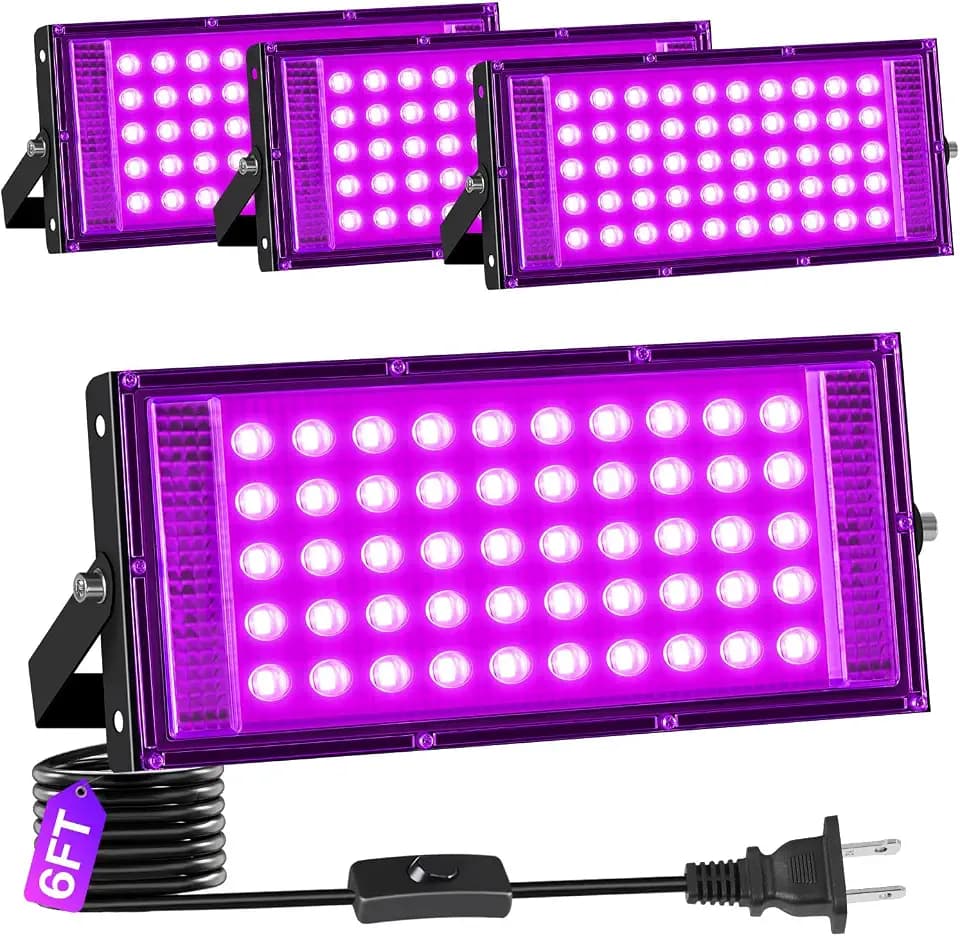 4 Pack 50W Black Light IP66 with Switch+6FT Cord for Halloween Glow Party