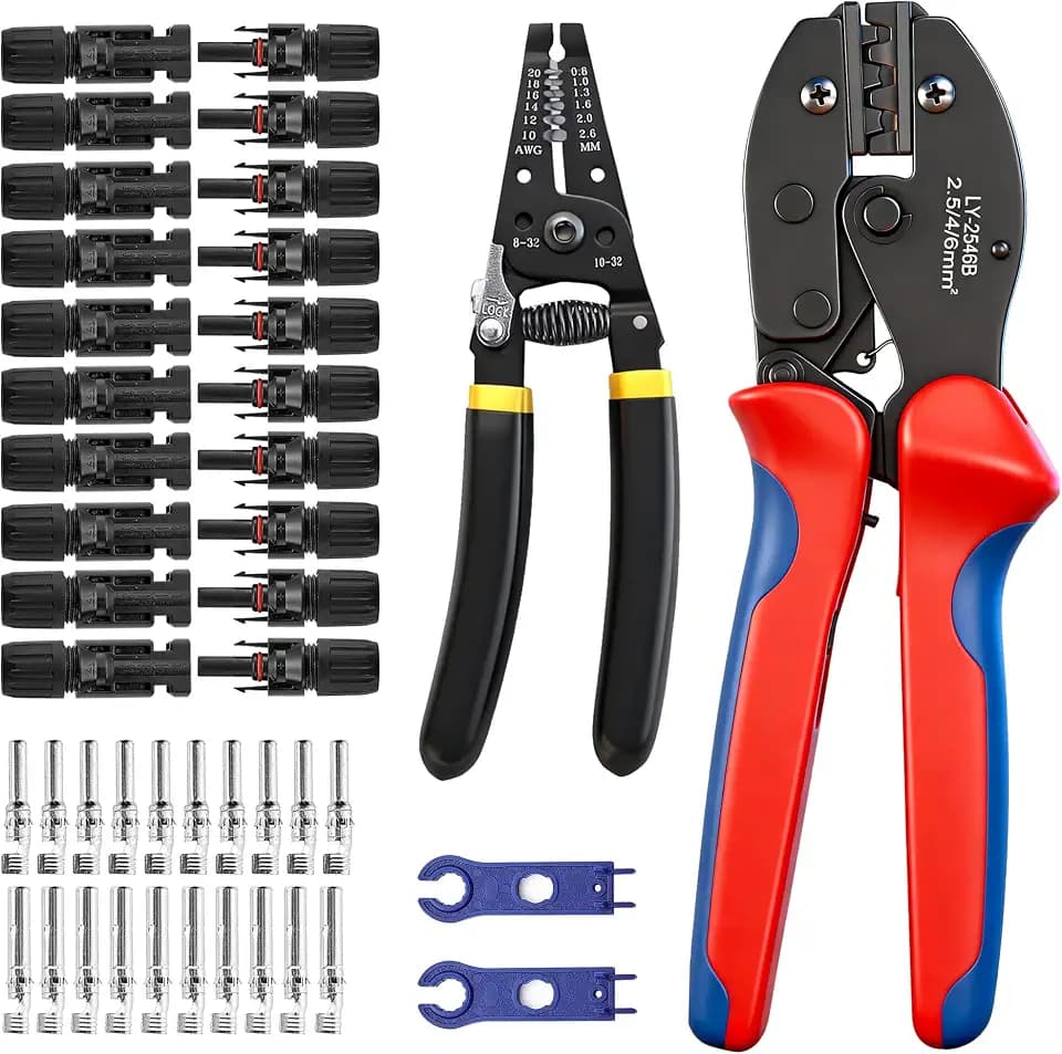 Solar Crimpzange Set für 2.5/4/6mm² Solarpanel PV Kabel,1 Abisolierzange, 10 Paar Kabelstecker, 10 Paar Männlich/Weiblich Stecker, 1 Crimpzange, 2 Schraubenschlüssel