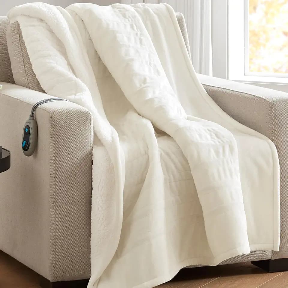 Beautyrest Reversible Heated Throw - Plush Sherpa Heating Blanket, Ivory