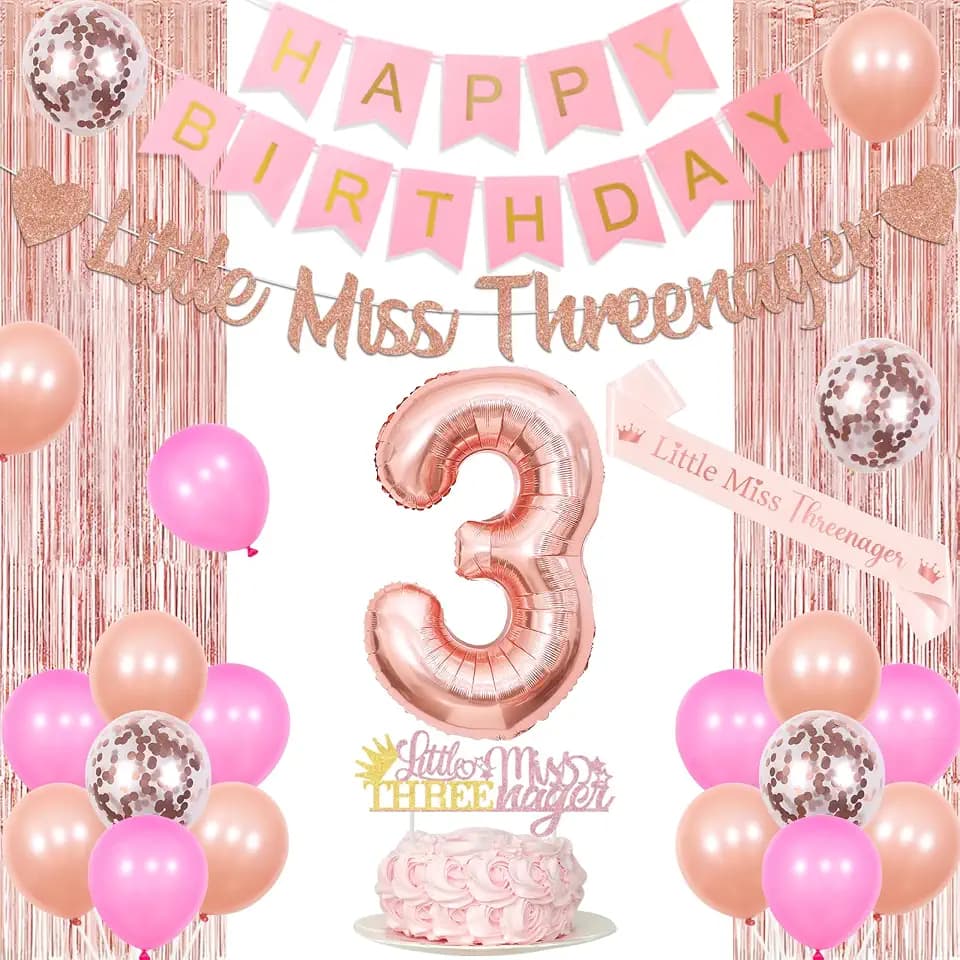 Rose Gold Little Miss Threenager Birthday Decorations for Girl - Happy 3rd Birthday Decor with Sash, Cake Topper, Balloon, Foil Fringe Happy 3 Year Old Party