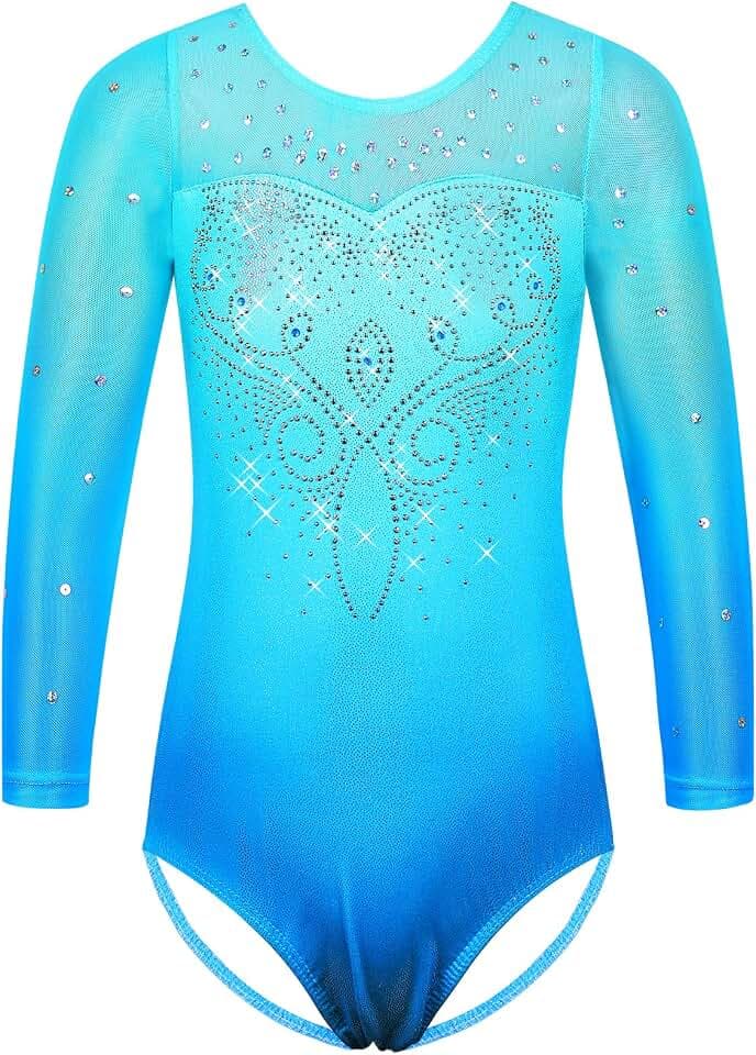 HUAANIUE Gymnastikanzug für Mädchen, langärmelig, Farbverlauf, Balletttrikot, Tanzkleid, 3–12 Jahre, athletisches Kostüm, Tanzkleidung