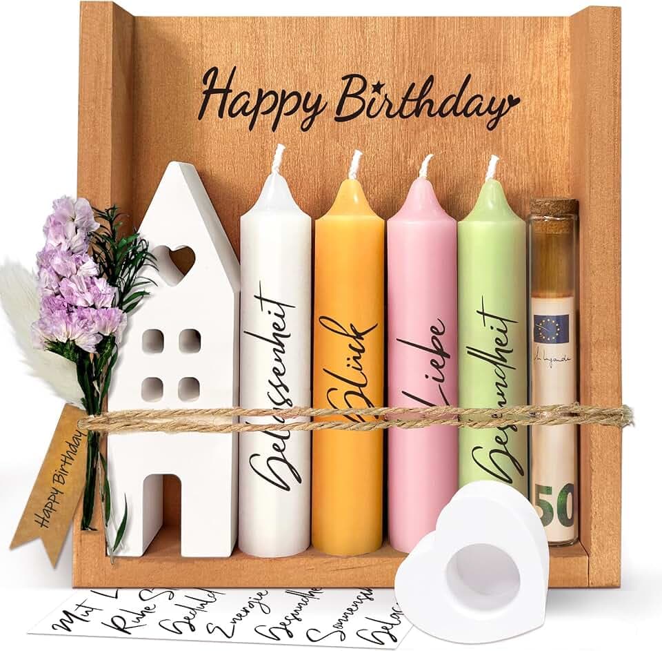 Geburtstagskerzen Geschenke für Frauen Freundin, Kerzen Geschenkset mit Kerzenständer, Kerze mit „Happy Birthday” Spruch, Kerzenhalter Holzkiste mit Kerzen Deko Geschenk Geldgeschenke