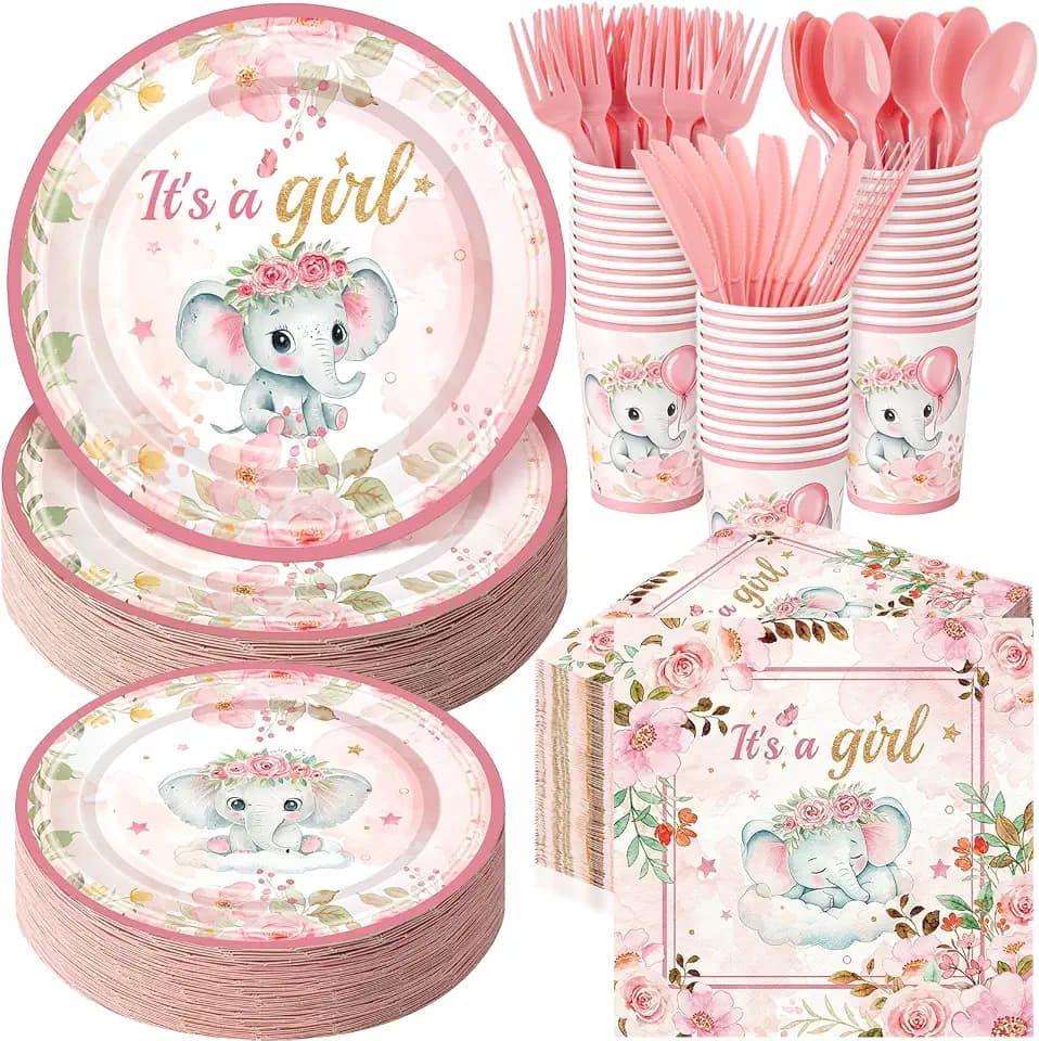 Ziliny 350 Pcs Elephant Themed Baby Shower Party Supplies Rainbow Paper Plates Napkins Cups and Plastic Cutlery Party Tableware Set for Baby Shower Birthday Decorations, Serves 50
