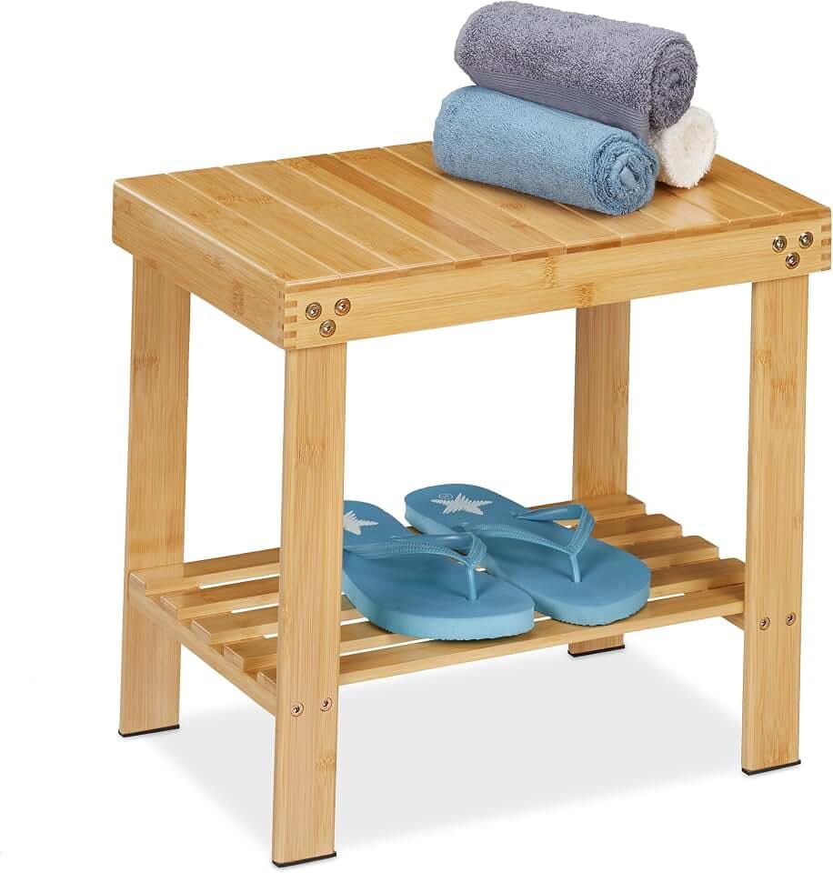 Relaxdays Badhocker aus Bambus, Sitzhocker mit extra Ablagefläche, HxBxT: 41,5 x 44 x 28 cm, Stauraum Flur & Bad, Natur