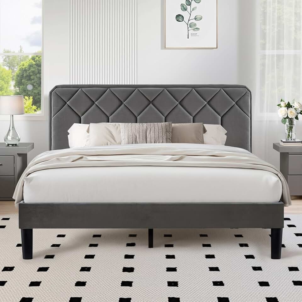 VECELO Doppelbett, gepolstert, Plattform, Lattenständer aus robustem Holz, kein Boxspringbett erforderlich, Samtstoff, einfach zu montieren, grau, 140 x 190 cm