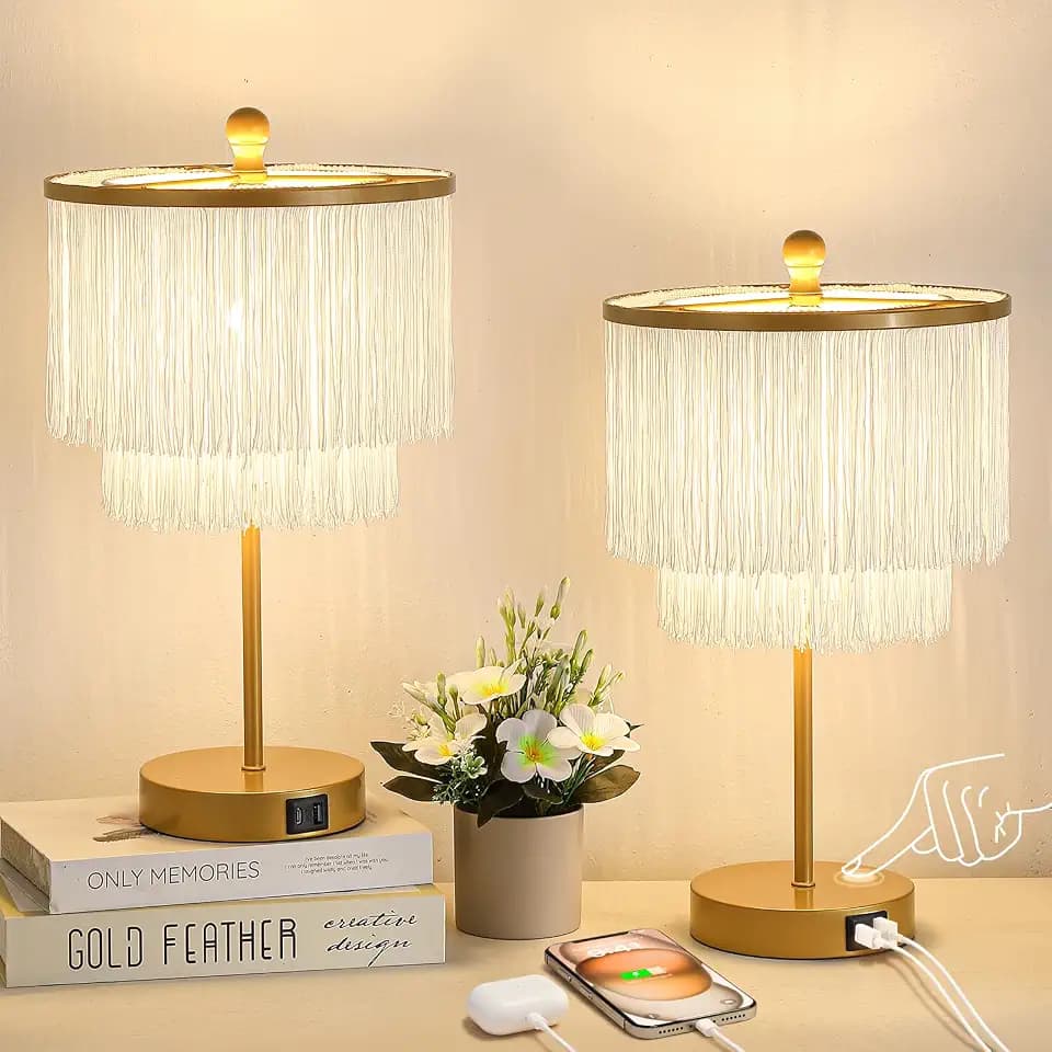 Lovlast Boho Fringe Lamps Set of 2 for Bedroom Living Room, Dimmable Lamps