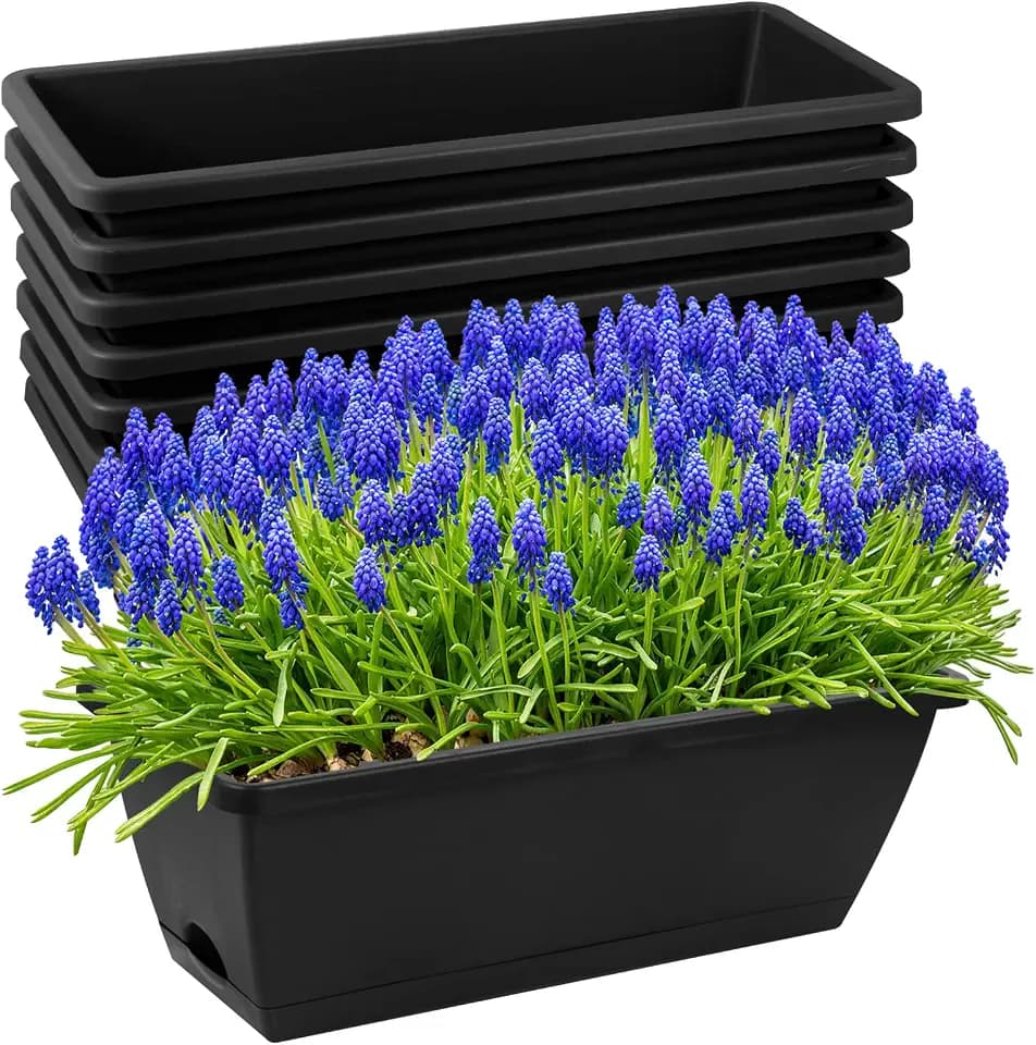 8pcs Window Box Planter,17 Inches Flower Window Boxes,Rectangle Planters Box with Drainage Holes and Trays, Plastic Vegetable Planters for Windowsill Patio Garden Home Decor Porch Yard (Black)