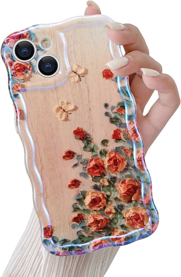QLTYPRI Bunte Vintage Ölgemälde Blume Hülle für iPhone 13 Handyhülle für Mädchen Frauen, Laserblume Lockiges Wellen Rahmenform Soft TPU Case Bumper Silikon Stoßfeste Schutzhülle - Beige