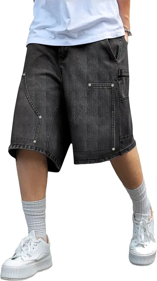 Mens Y2K Carpenter Baggy Jean Shorts Ripped Jorts Wide Leg Distressed Cargo