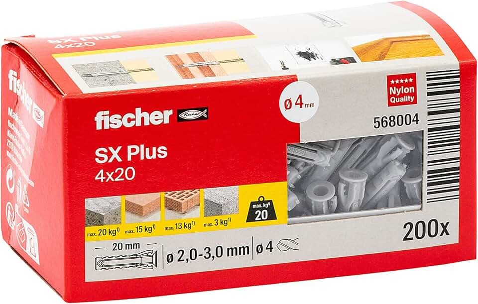 fischer Spreizdübel SX Plus 4 x 20, Schachtel mit 200 Nylondübeln, Dübel für optimalen Halt bei Befestigungen in Beton, Vollziegel, Porenbeton, Hochlochziegel uvm.