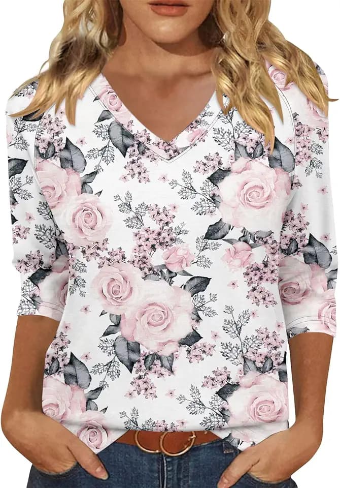 KISSMODA 3/4 Length Sleeve Shirts for Women Floral Business Shirts Tops Blouses Tops Loose Fit T-Shirts