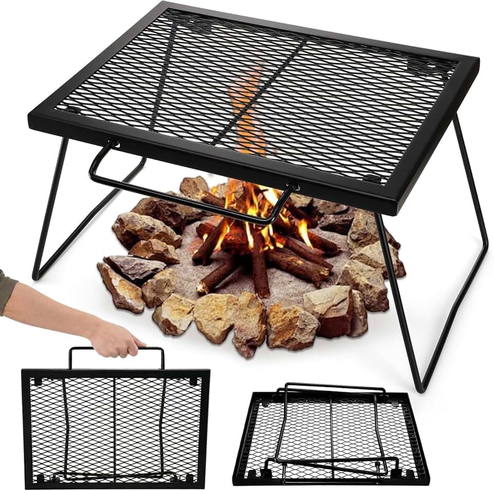 Elsjoy 17" Folding Campfire Grill Grate with Carrying Handle, Portable Camping Grill Over Fire Mesh Grate, Heavy Duty Steel Grate for Outdoor Cooking, Picnic, BBQ