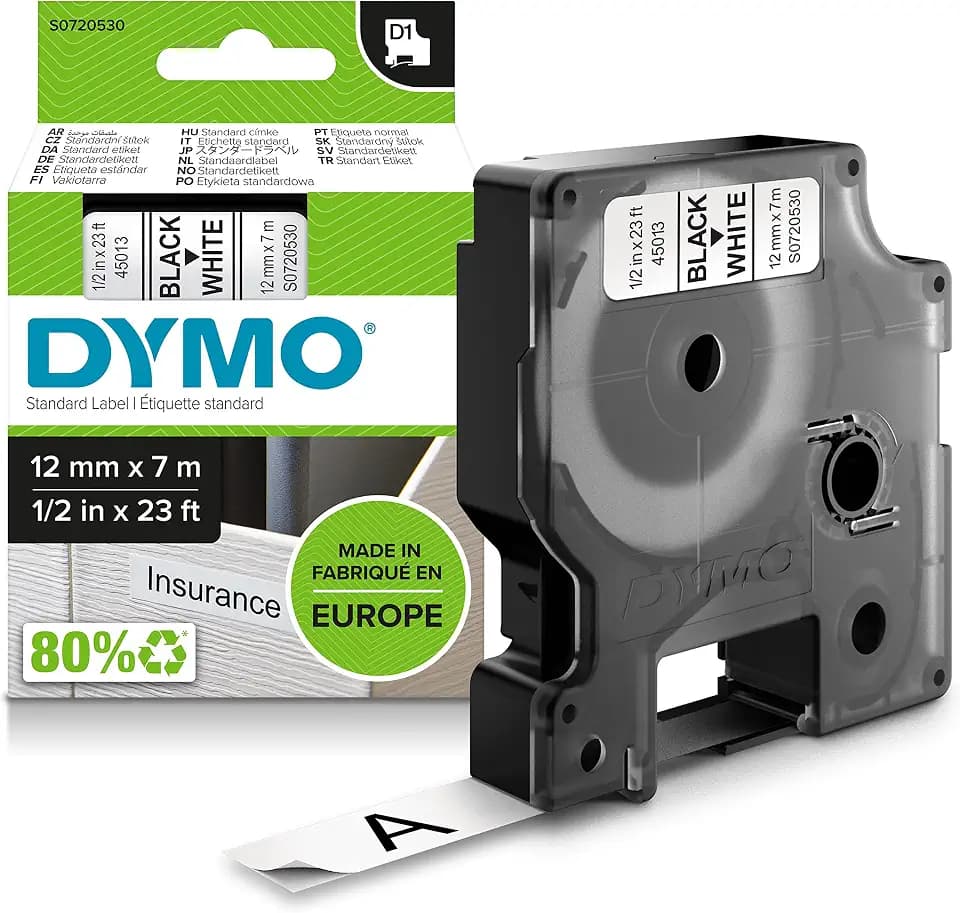 DYMO Original D1-Etikettenband | schwarz auf weiß | 12 mm x 7 m | selbstklebendes Schriftband| für LabelManager-Beschriftungsgerät