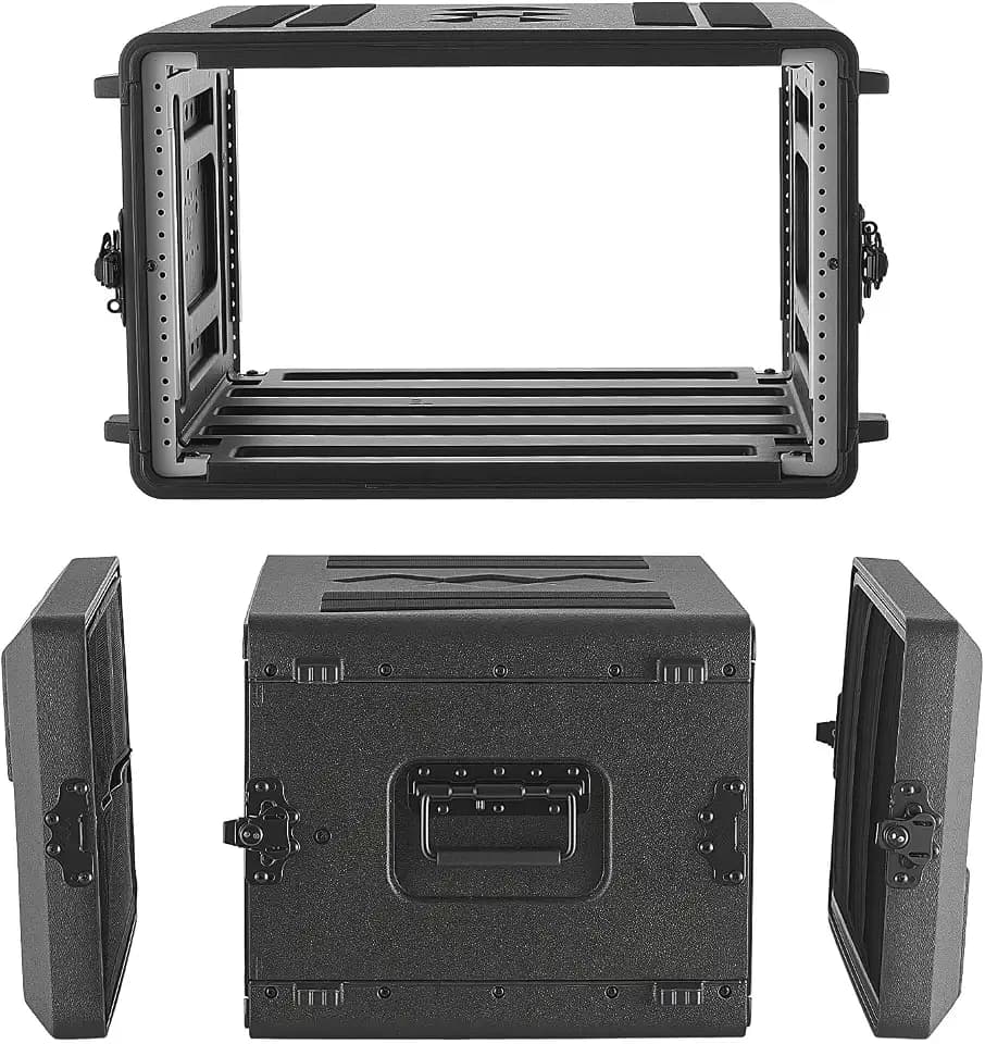 VEVOR 6U Rack Case, 15 in Depth, Rackmount Flight Case Shallow Rack with Microphone Compartments, Polyethylene Construction, Recessed Latches, Easy Installation, for Amplifier, 13.8 in Internal Depth